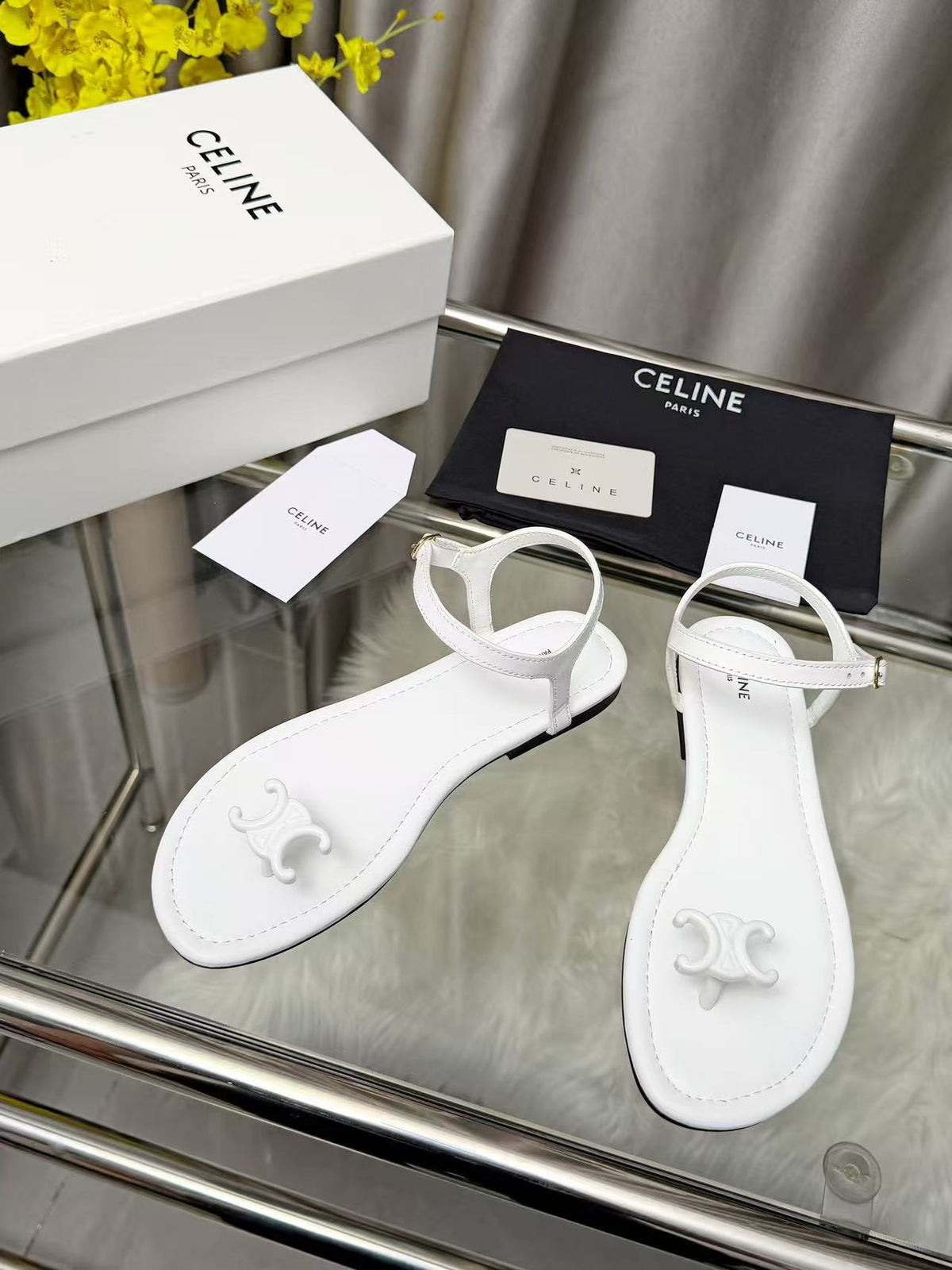 CELINE Triomphe Flat Thong Sandals — White