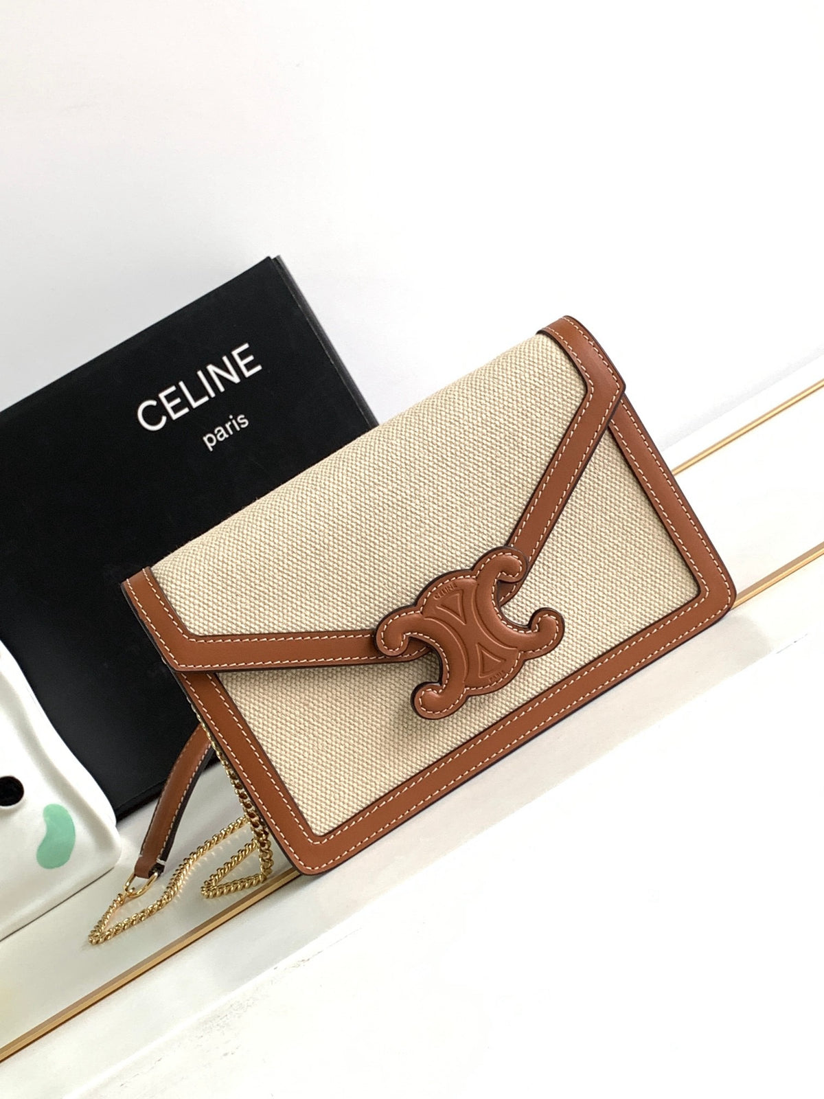 CELINE Cuir Triomphe Fabric & Cowhide Leather Wallet on Chain in Bronze