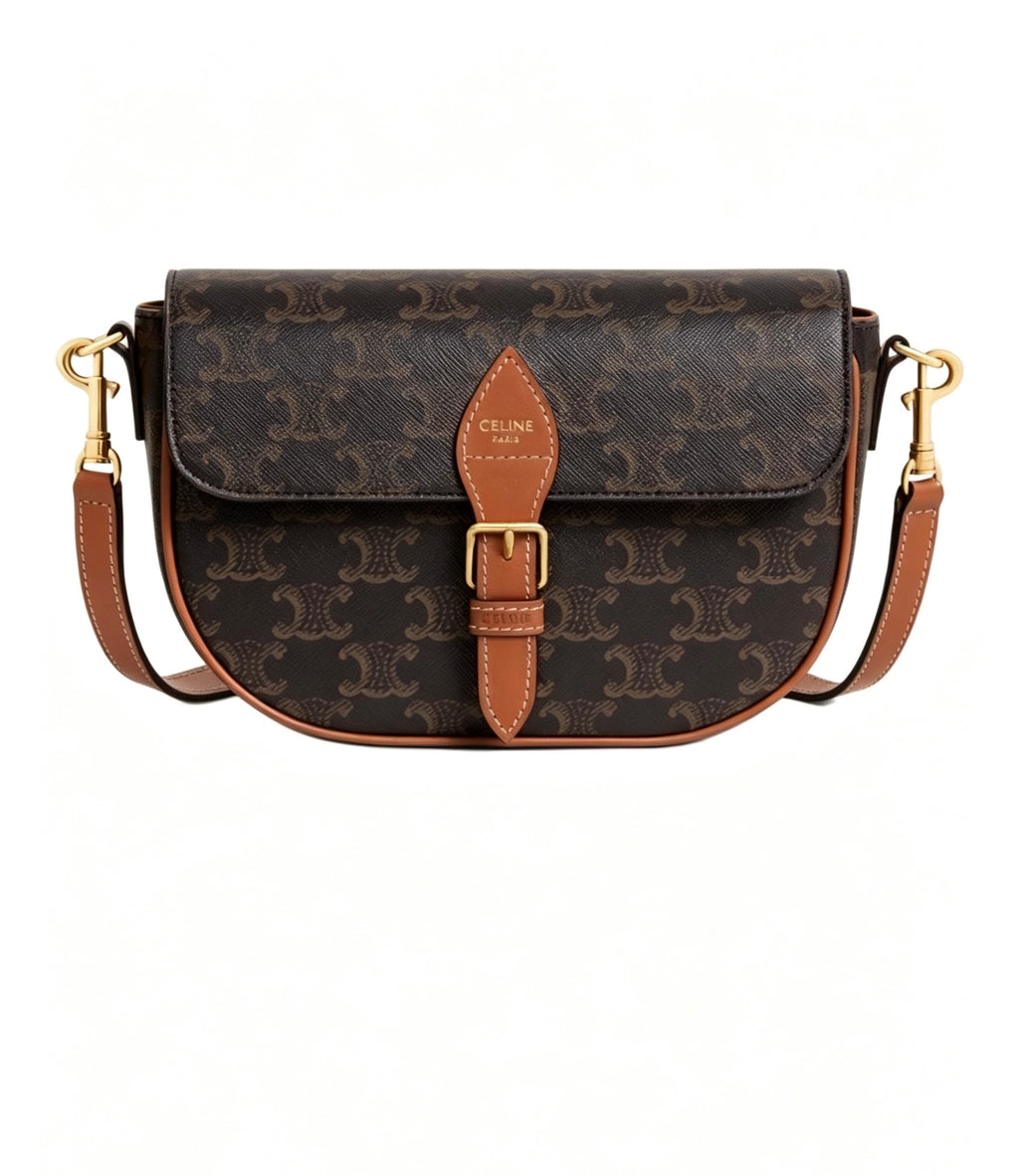 CELINE Cowhide Leather Shoulder Bag in Yellow-Brown