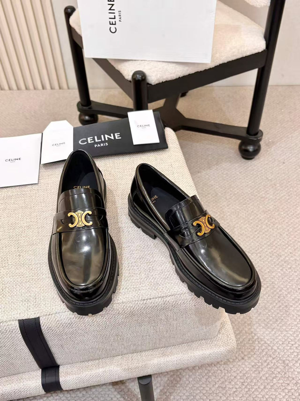 CELINE Triomphe Thick-Sole Loafers — Black