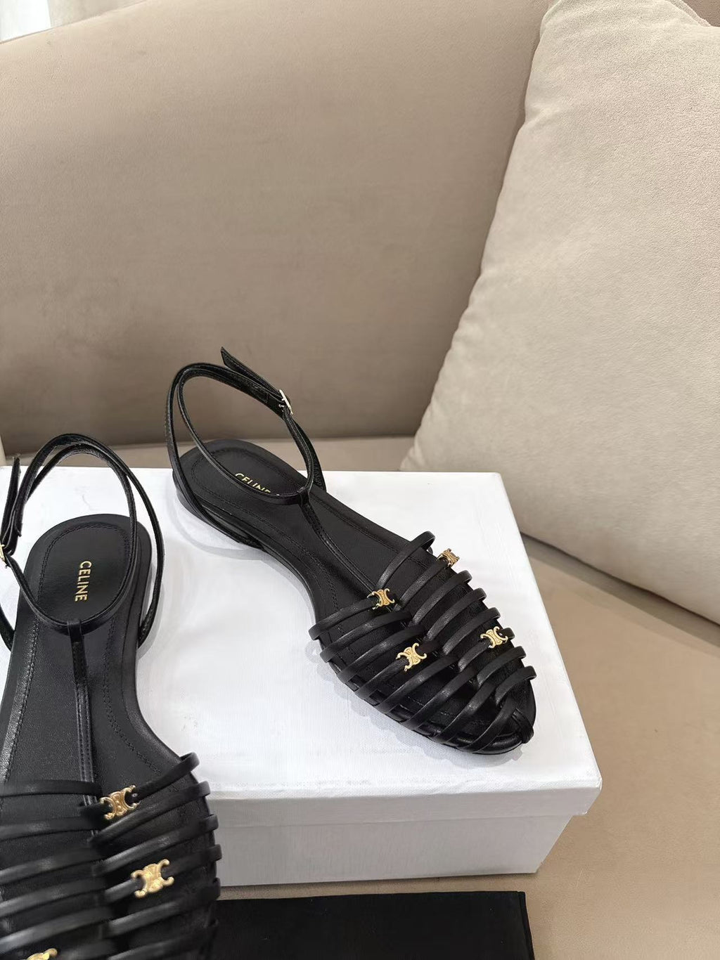CELINE Sheepskin Flat Buckle Roman Sandals | Black | EU 36-42
