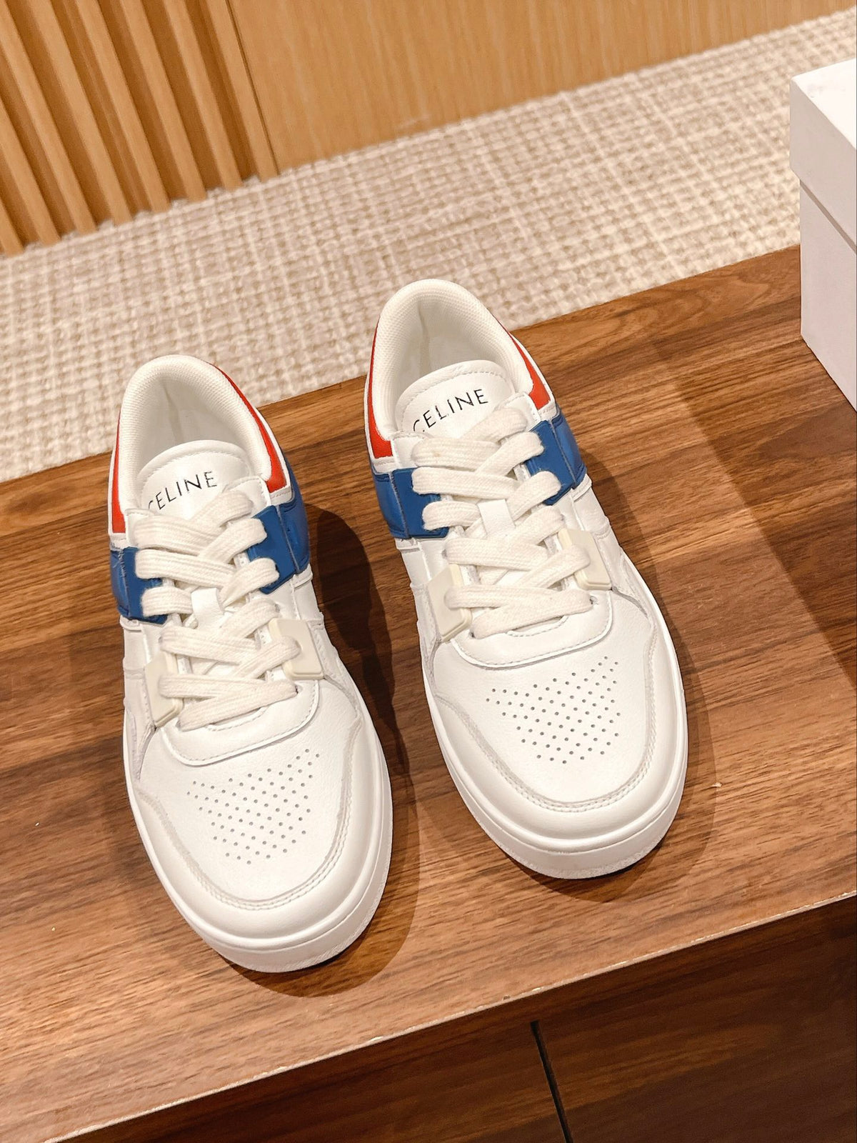 Celine Unisex Platform Sneakers with Red & Blue Heel Accents – Sizes 35–44