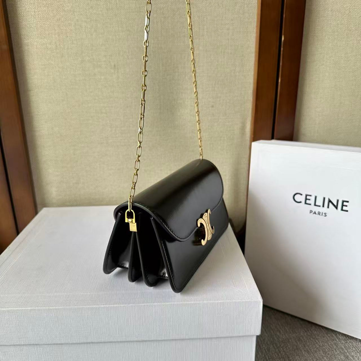 Celine Triomphe Chain Bag in Shiny Calfskin — Black