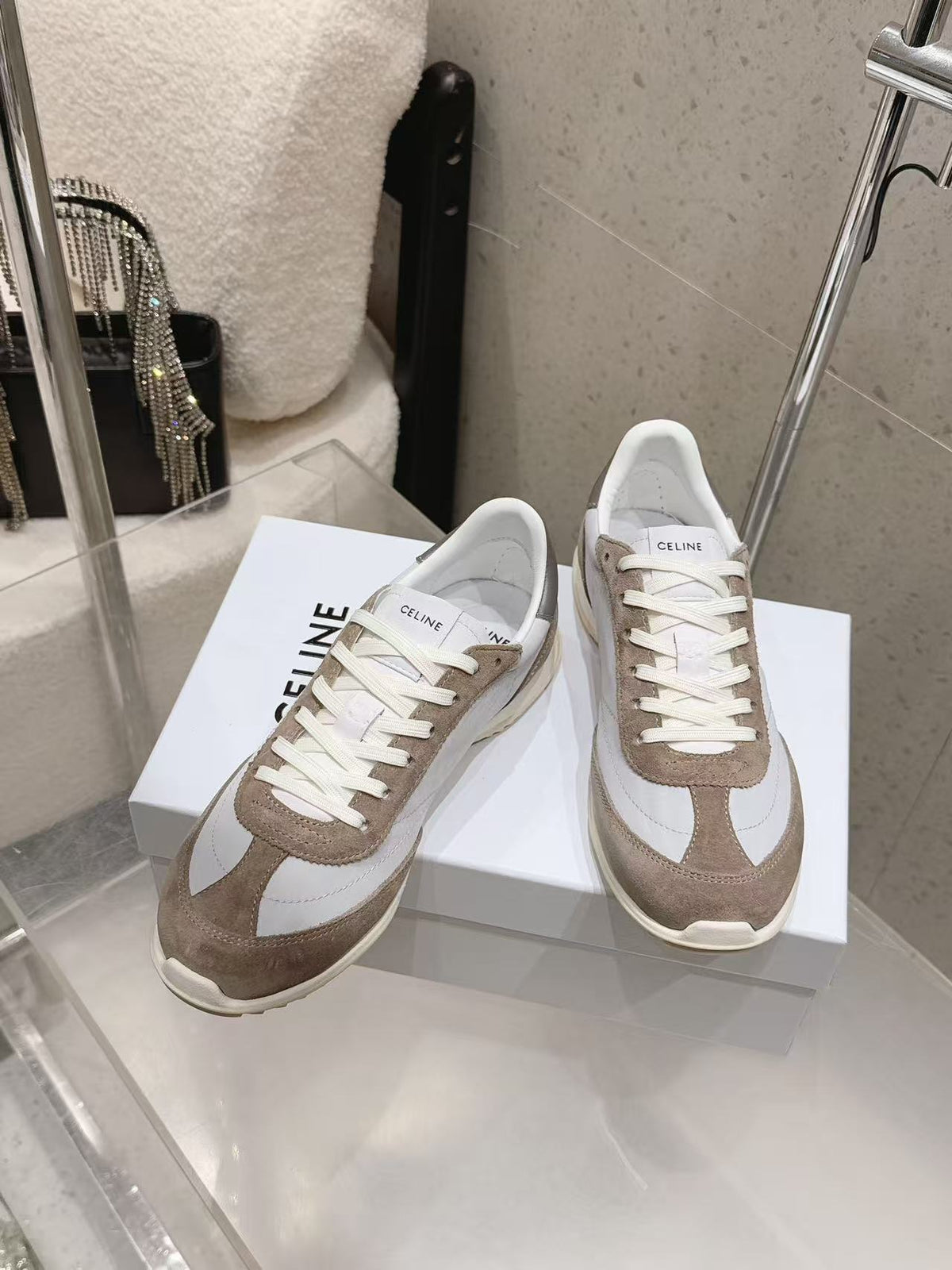 CELINE New Logo Laced Casual Sneakers — Apricot & White