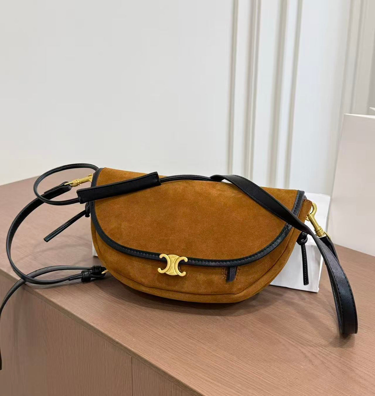 CELINE Halfmoon Shoulder-Slung Clutch in Bronze