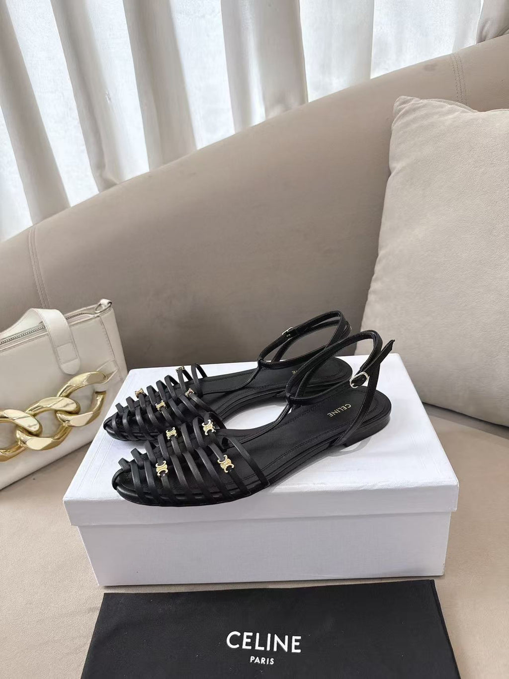 CELINE Sheepskin Flat Buckle Roman Sandals | Black | EU 36-42