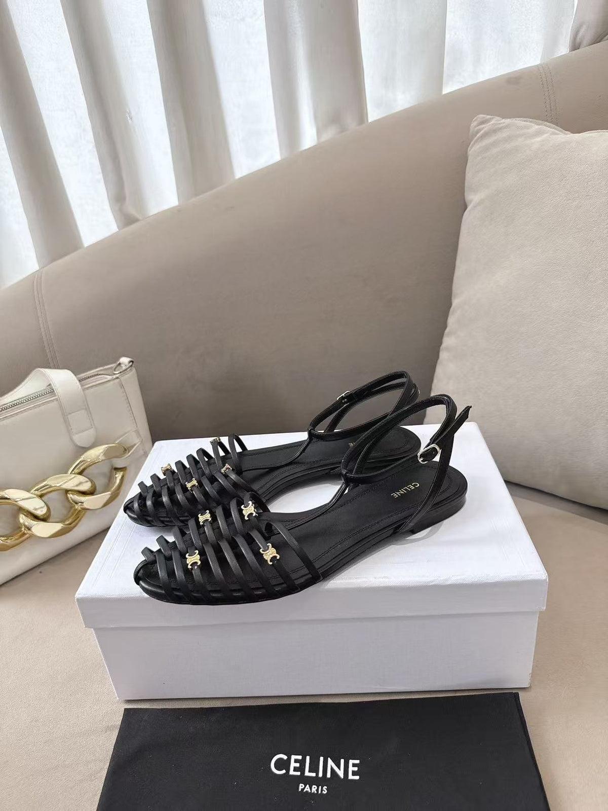 CELINE Sheepskin Flat Buckle Roman Sandals | Black | EU 36-42