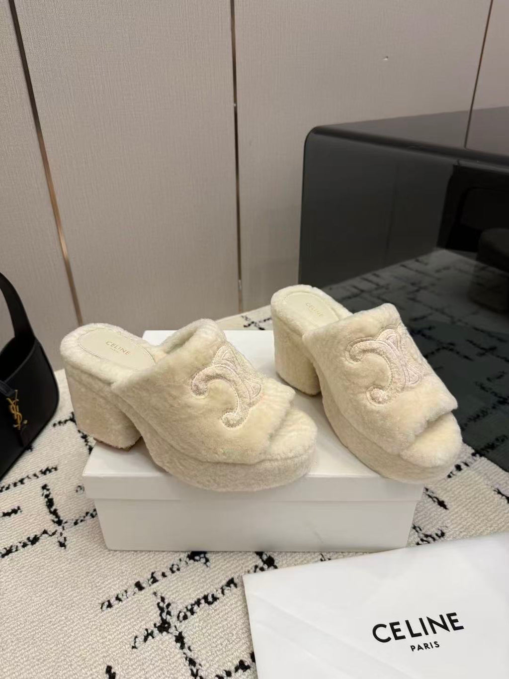 CELINE Grand Triomphe Waterproof Platform High Heels with Fur Trim — Beige