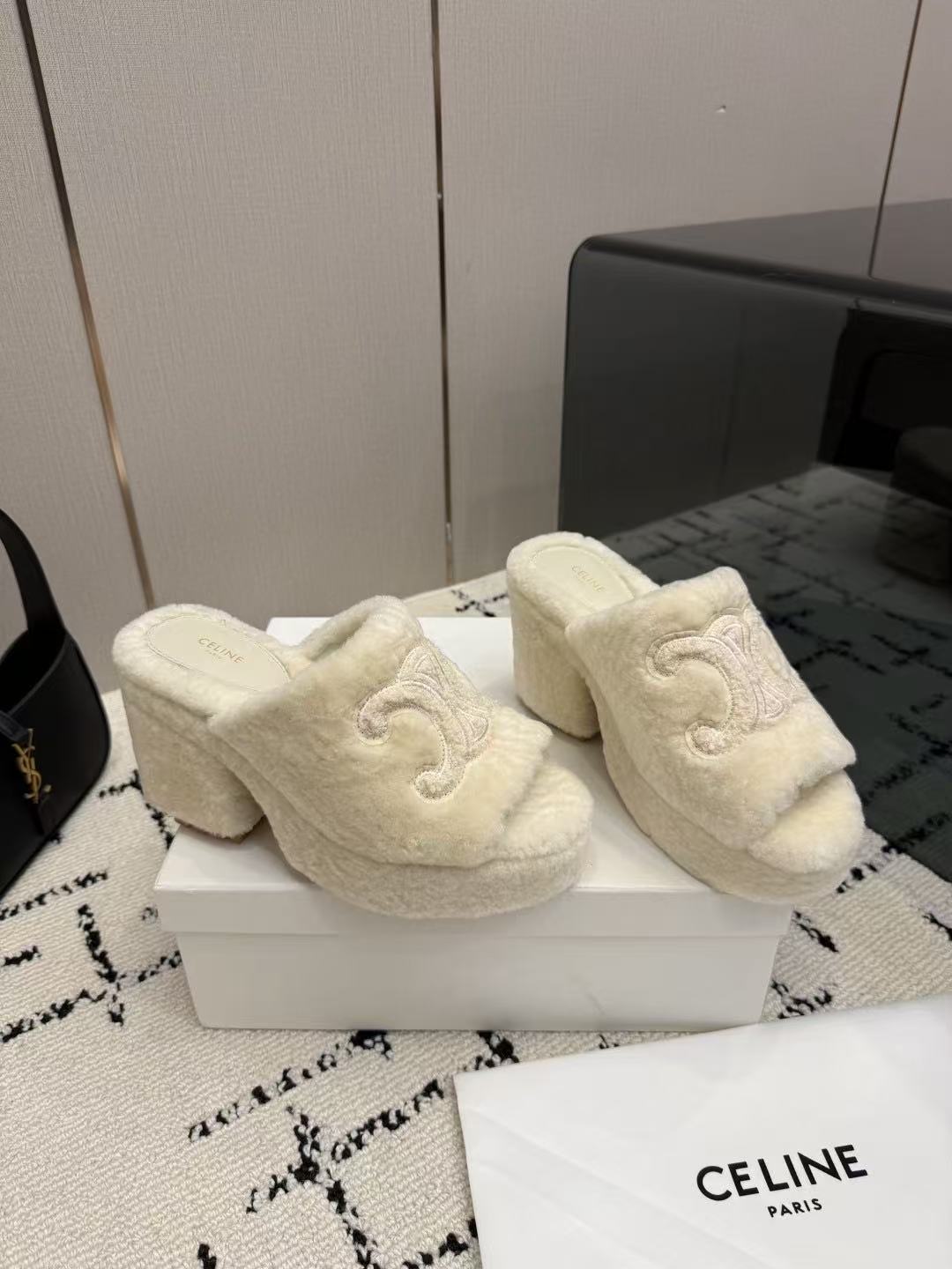 CELINE Grand Triomphe Waterproof Platform High Heels with Fur Trim — Beige