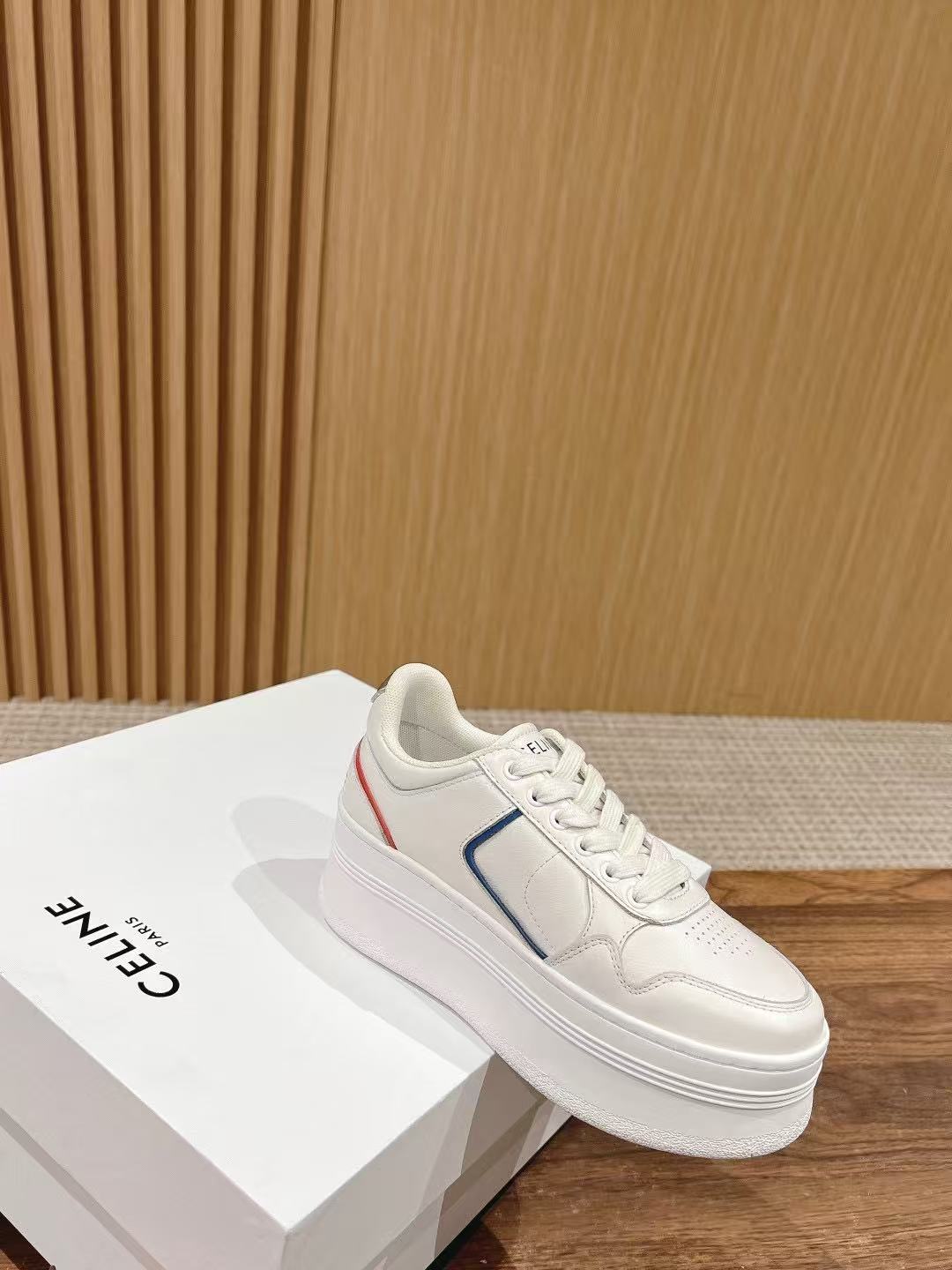 CELINE CT-10 Sneakers — White with Red & Blue Stripe