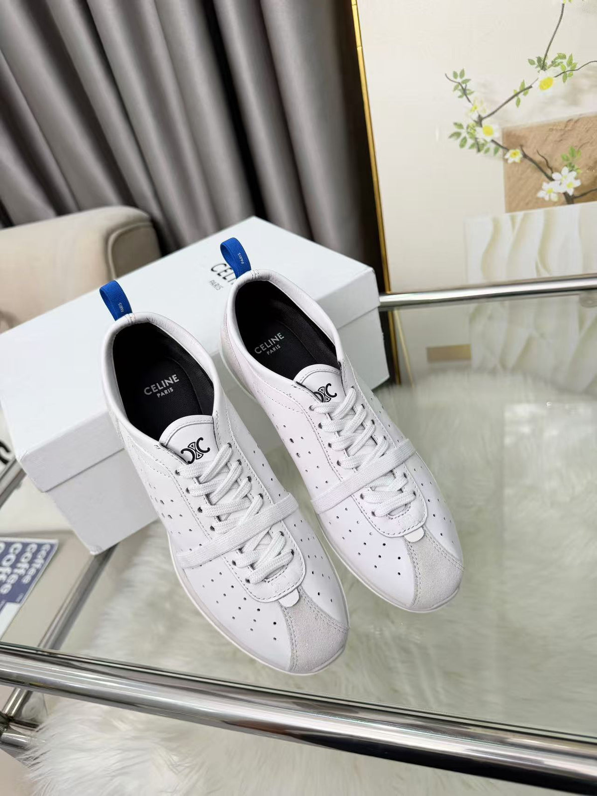 CELINE Women's Suede Perforated Lace-Up Low-Top Casual Shoes | Fluorescent White | EU 35-41