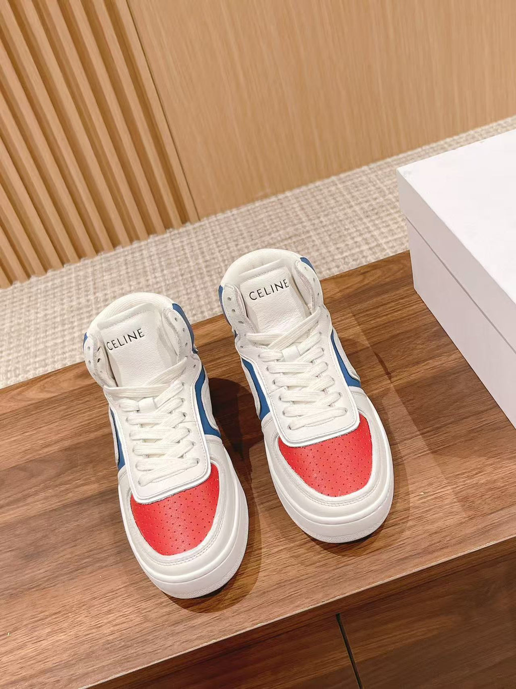 Celine Triomphe Low-Top Sneakers — White with Red & Blue