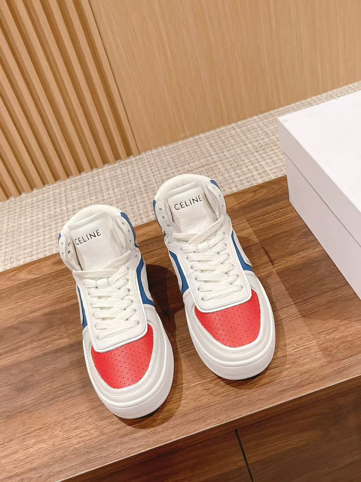 Celine Triomphe Low-Top Sneakers — White with Red & Blue