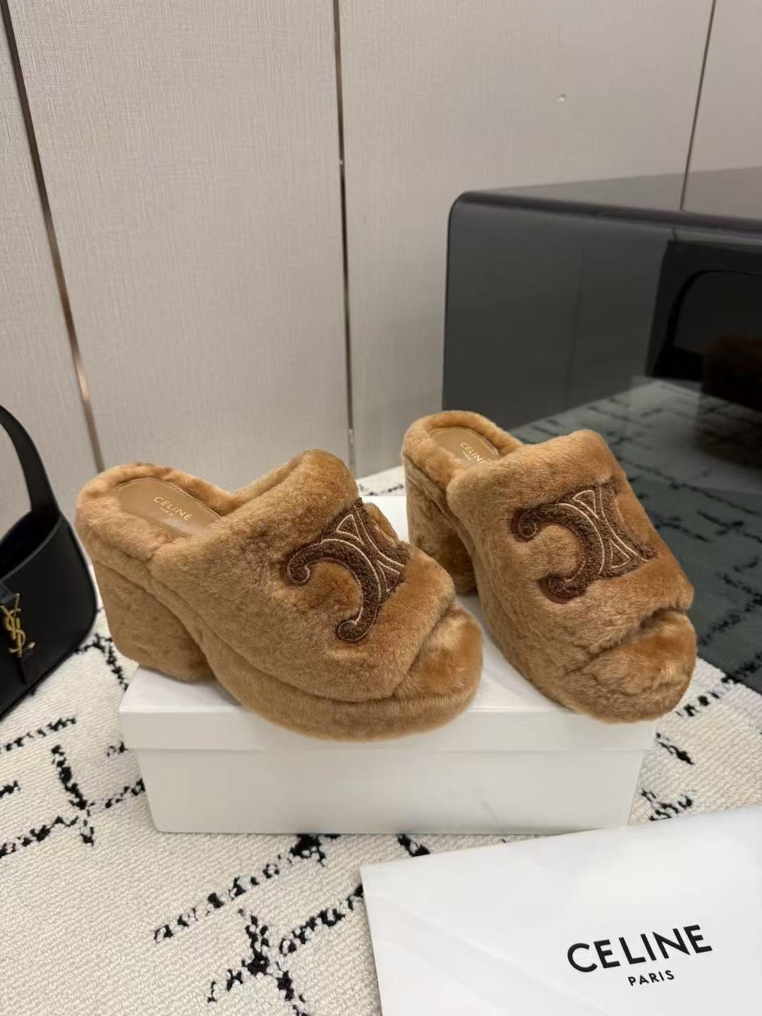 CELINE Grand Triomphe Waterproof Platform High Heels with Fur Trim — Brown