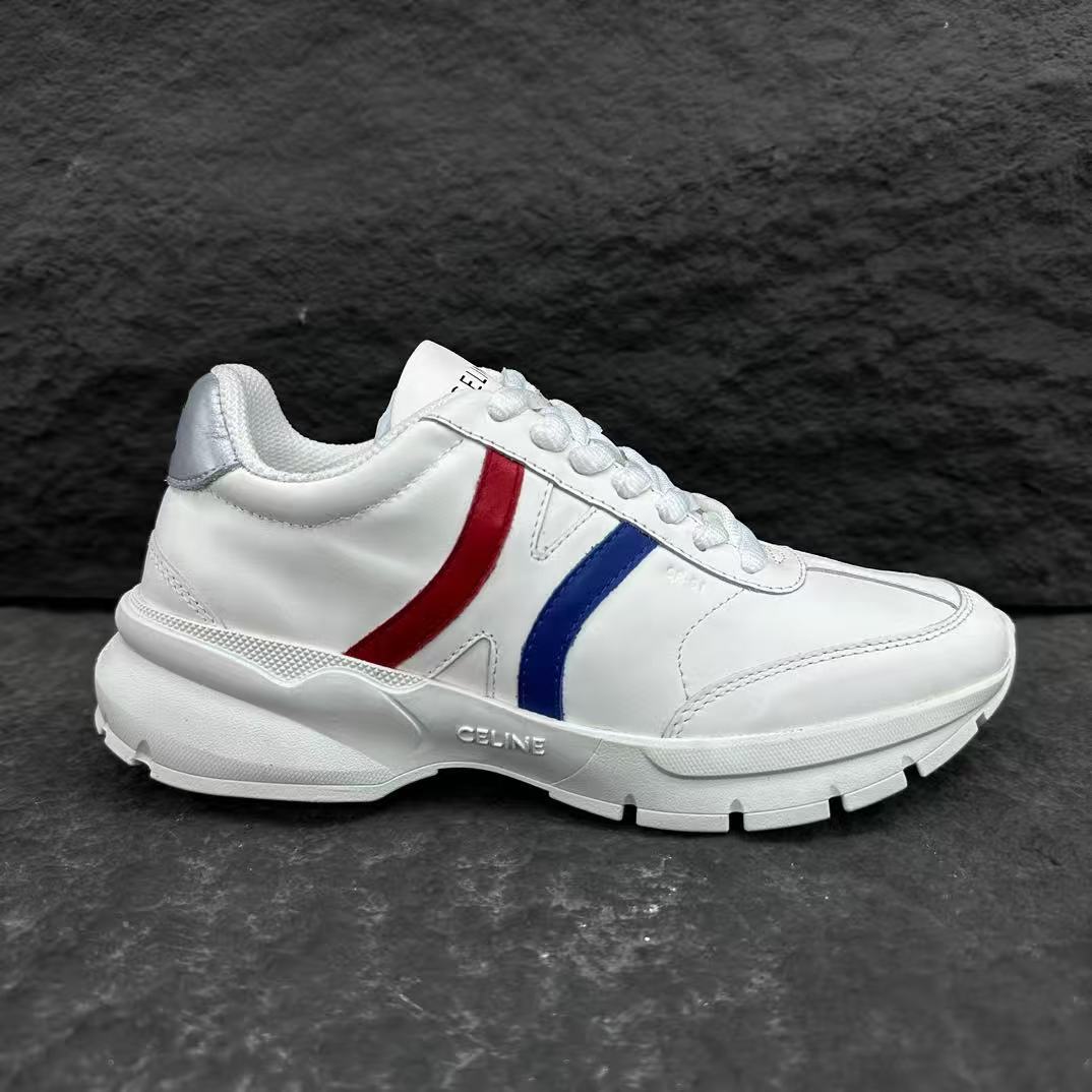 Celine CR-02 Runner Low-Top Lace-Up Sneakers in Calfskin — Red & Blue Stripe