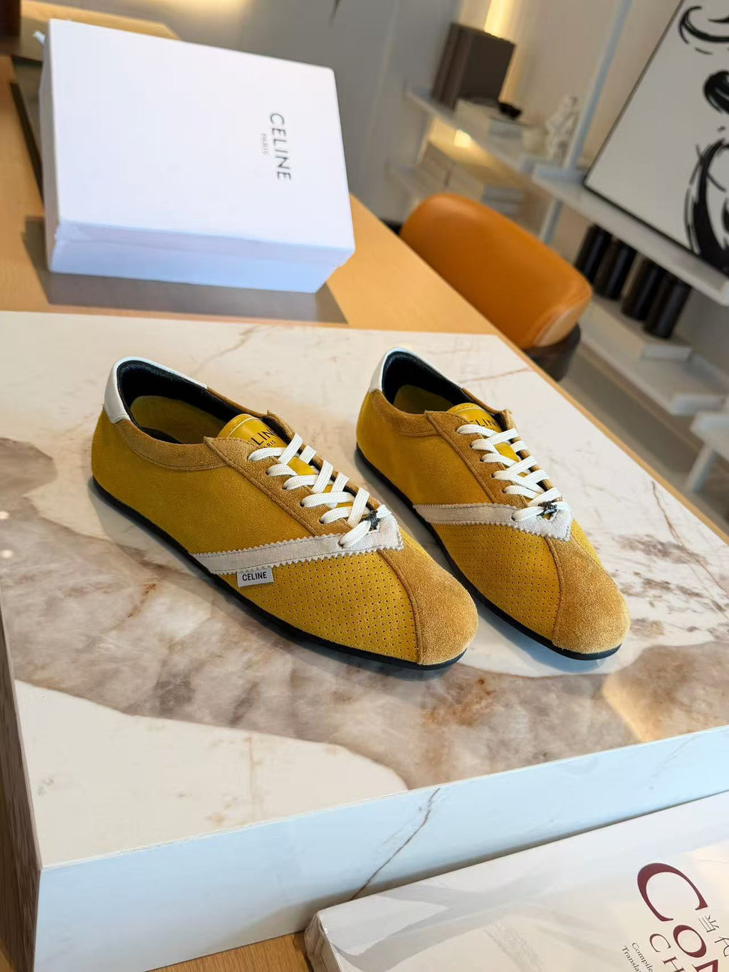 CELINE THE FLAT Women's Suede Calfskin Lace-Up Low-Top Casual Shoes | Yellow & White | EU 35-41