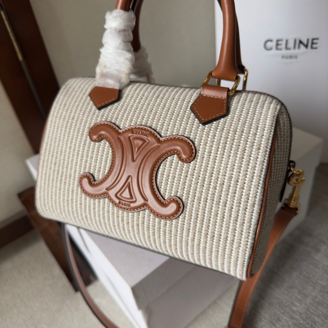 CELINE Small Triomphe Boston Bag in Brown Striped Textile