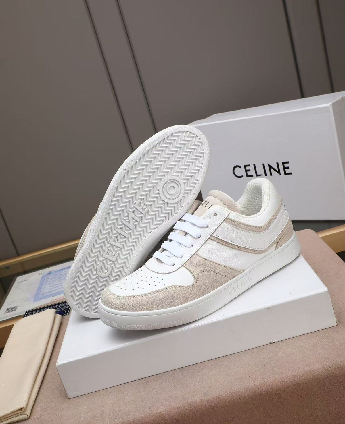 Celine Low-Top Sneakers with Celine Logo Detail — Ecru & White