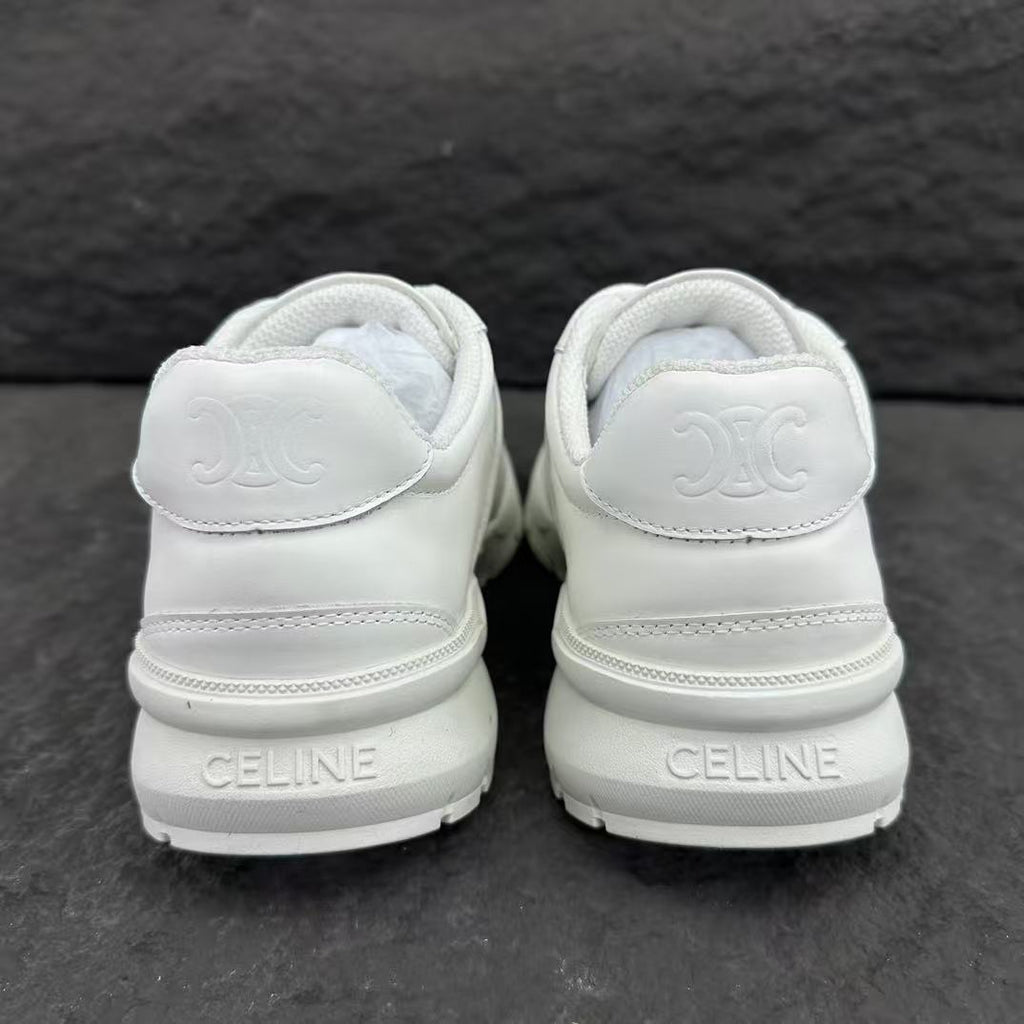 Celine CR-02 Runner Low-Top Lace-Up Sneakers in Calfskin — White with Oversized Celine Logo