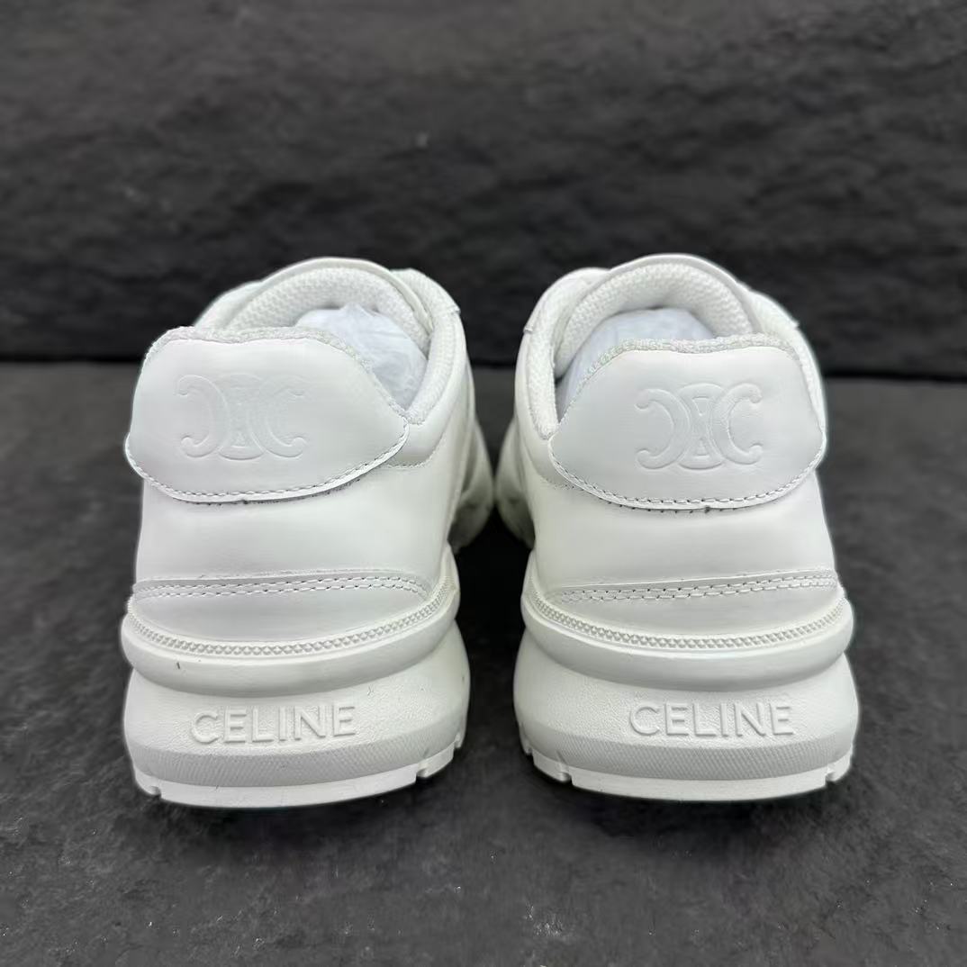 Celine CR-02 Runner Low-Top Lace-Up Sneakers in Calfskin — White with Oversized Celine Logo