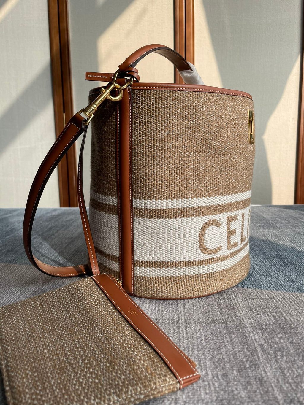 CELINE Bucket 16 Bag in Beige Textile with Smooth Calfskin Trim