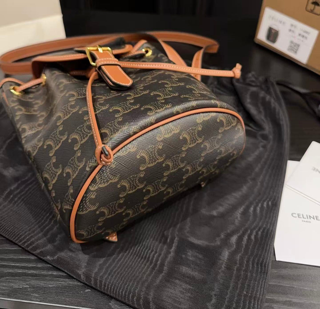 CELINE Folco Logo-Print Flap Bag in Brown