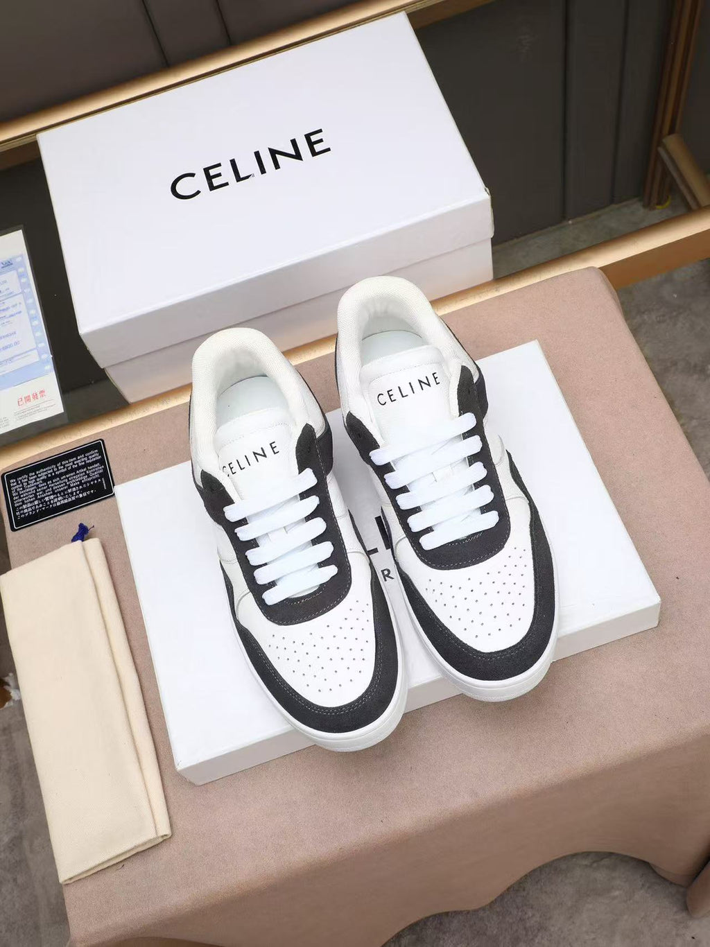 Celine Low-Top Sneakers with Celine Logo Detail — Black & White