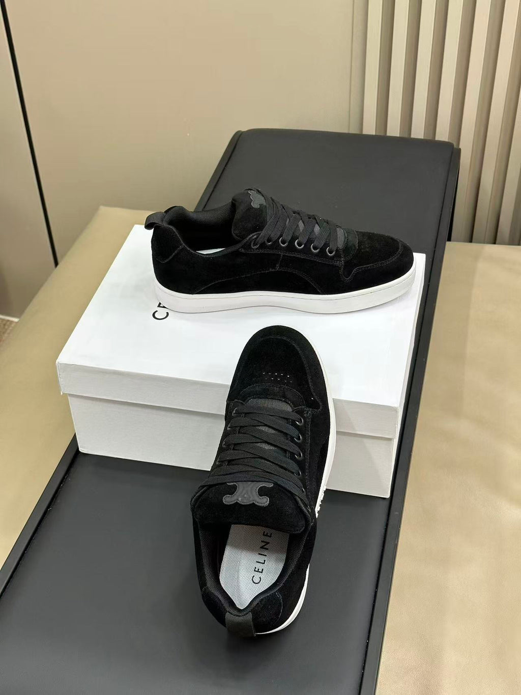 Celine Triomphe Vintage-Style Low-Top Sneakers — Black