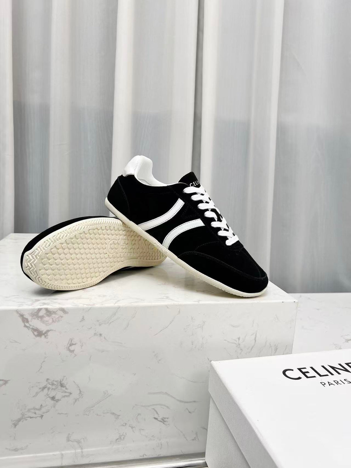 CELINE Jogger Triomphe Low-Top Sneakers in Black Cowhide & Suede