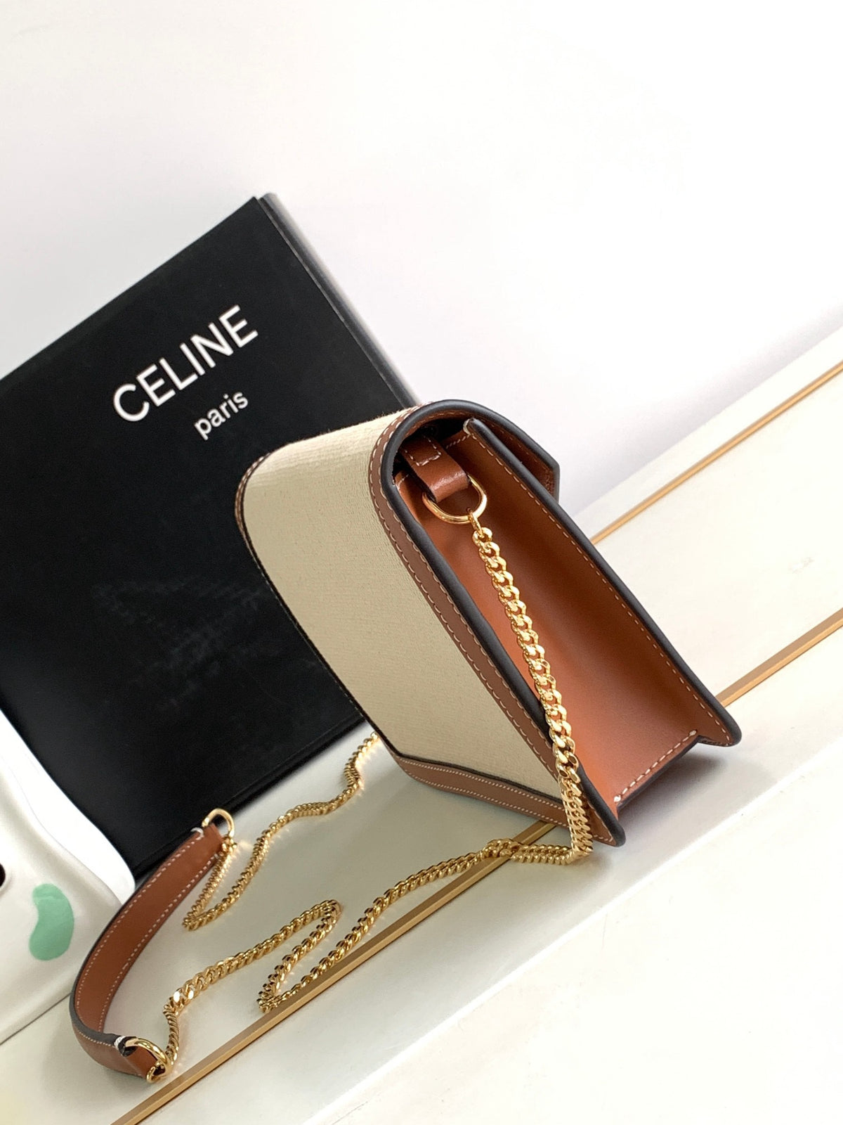 CELINE Cuir Triomphe Fabric & Cowhide Leather Wallet on Chain in Bronze