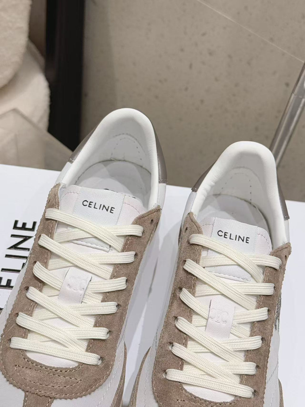 CELINE New Logo Laced Casual Sneakers — Apricot & White