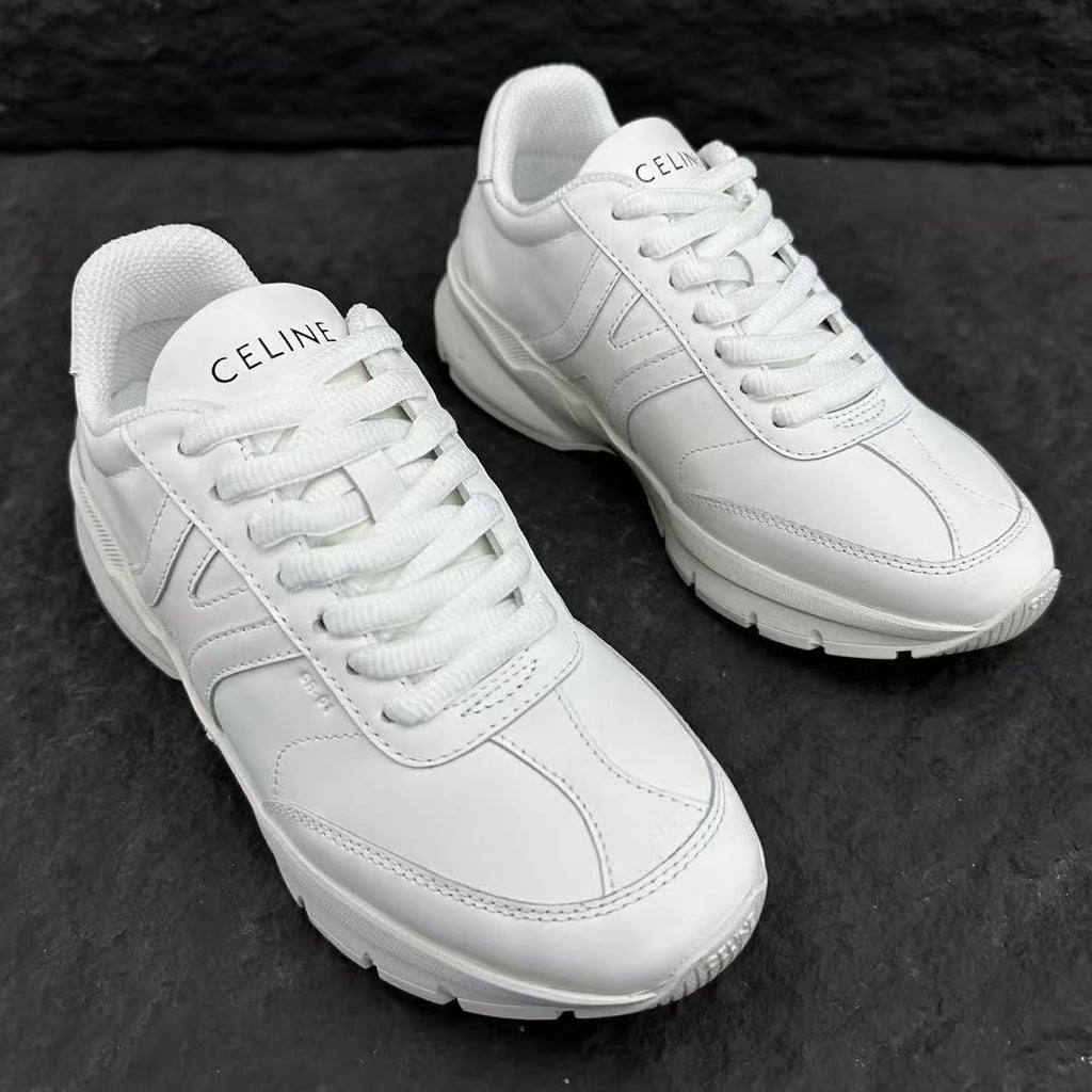 Celine CR-02 Runner Low-Top Lace-Up Sneakers in Calfskin — White with Oversized Celine Logo