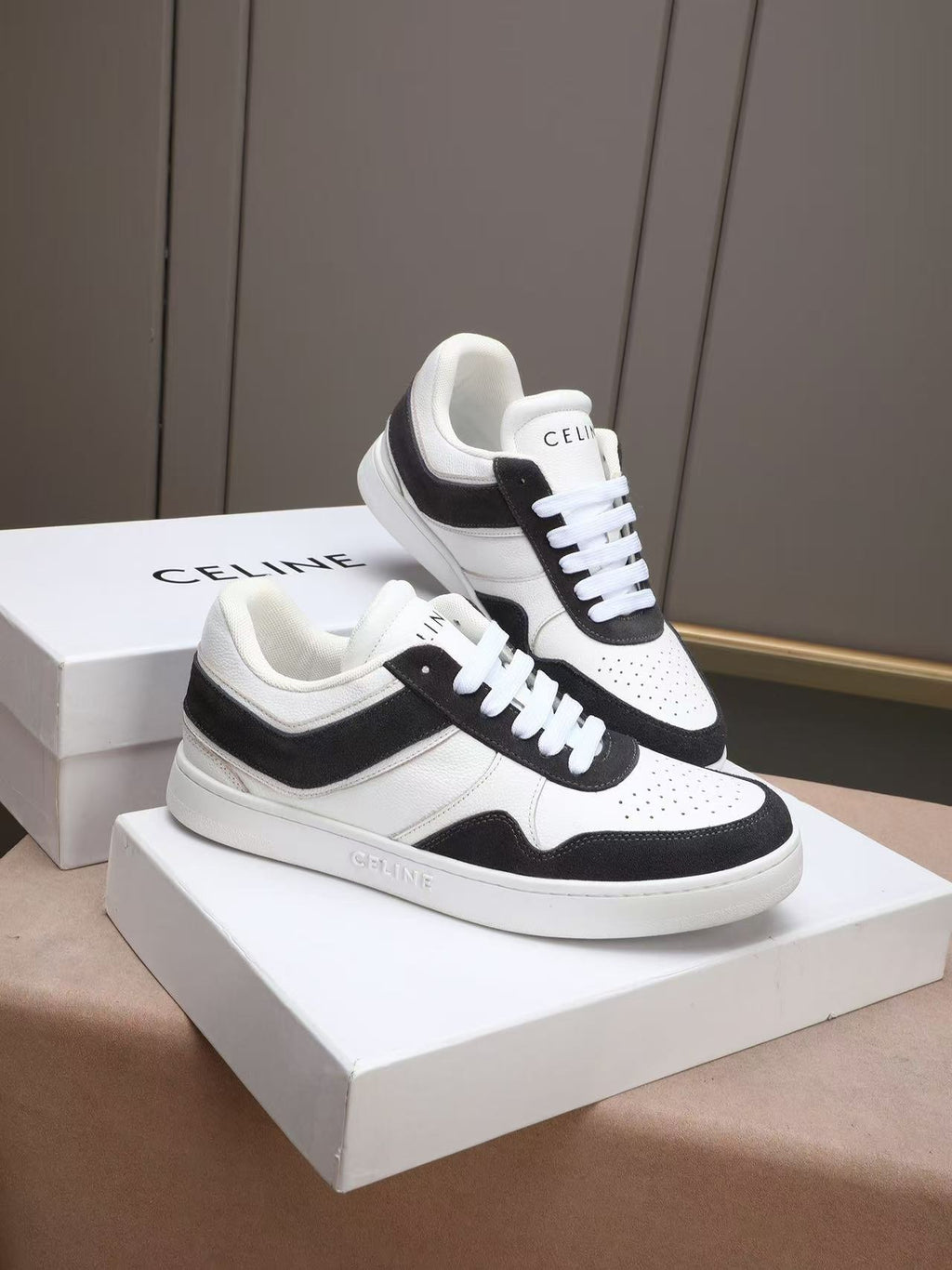 Celine Low-Top Sneakers with Celine Logo Detail — Black & White