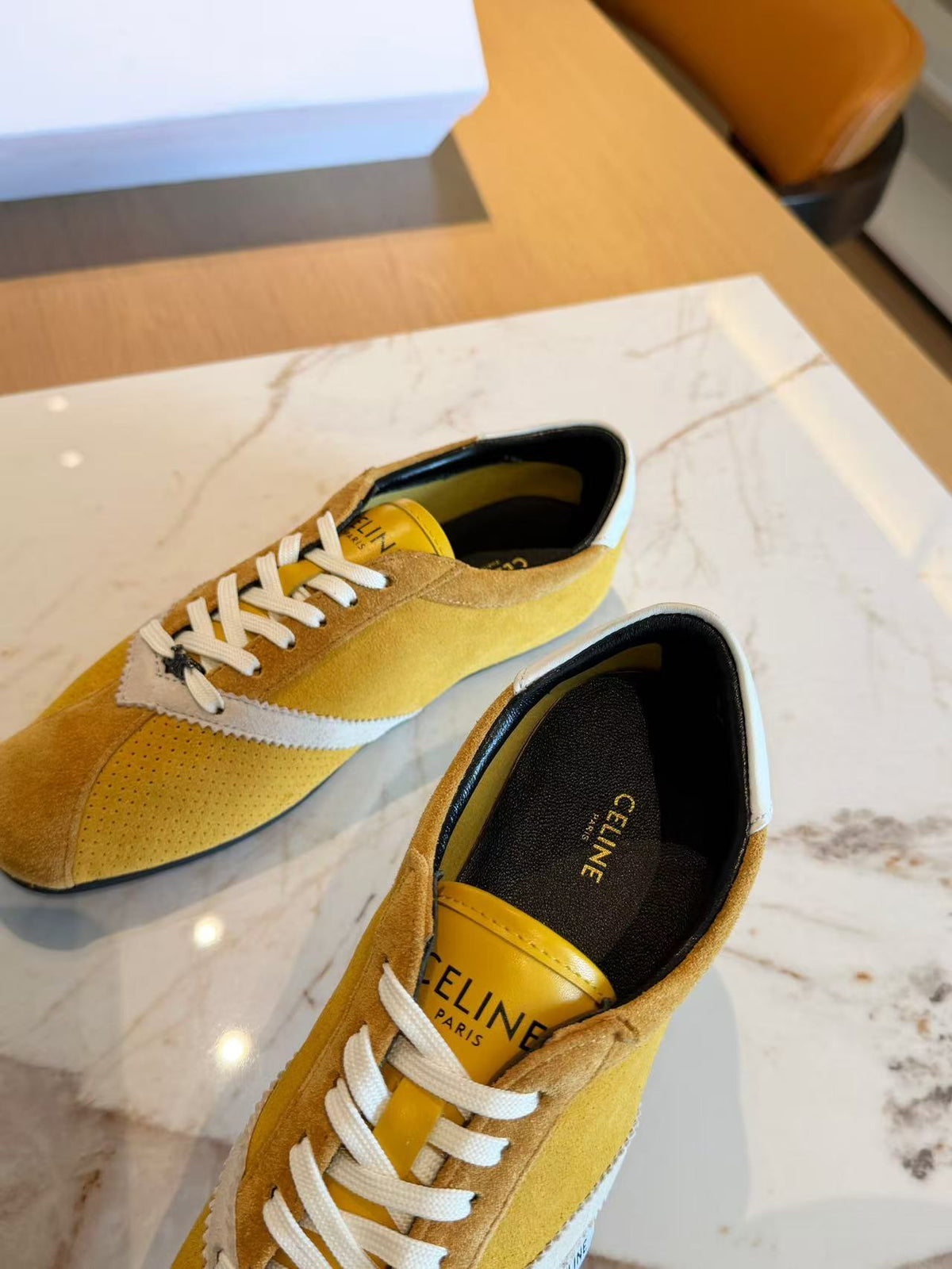 CELINE THE FLAT Women's Suede Calfskin Lace-Up Low-Top Casual Shoes | Yellow & White | EU 35-41