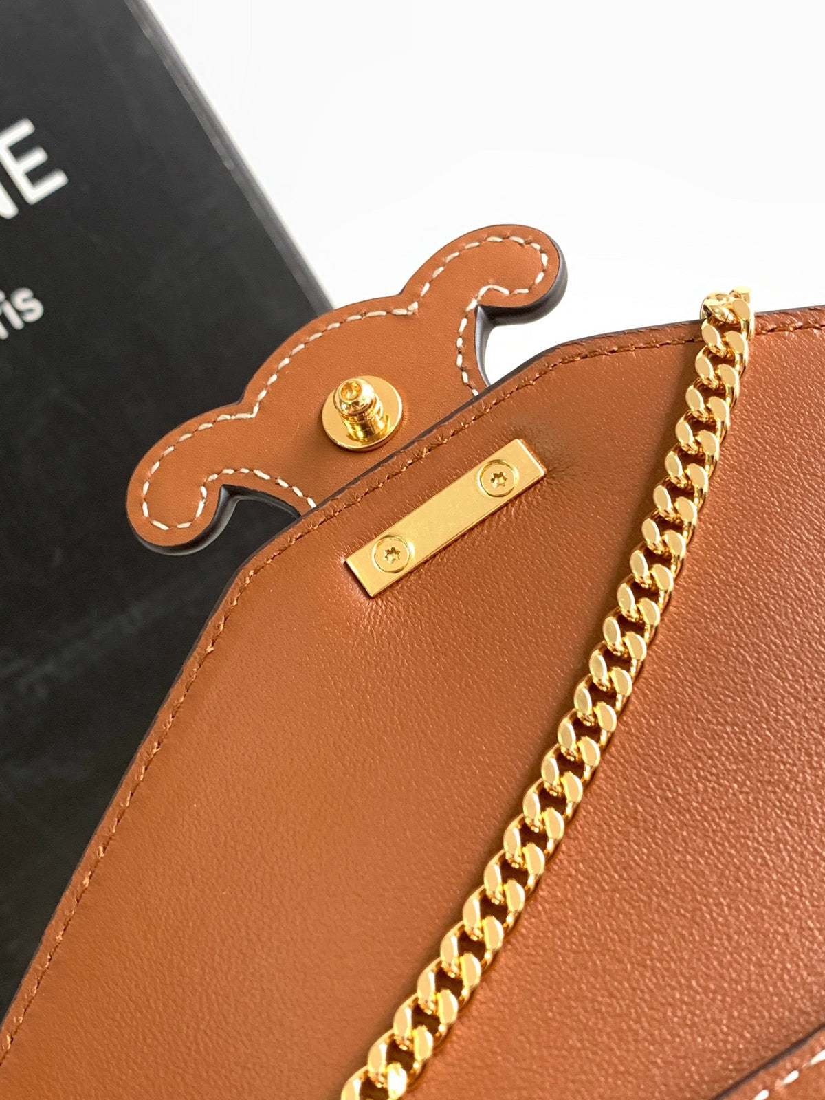 CELINE Cuir Triomphe Fabric & Cowhide Leather Wallet on Chain in Bronze